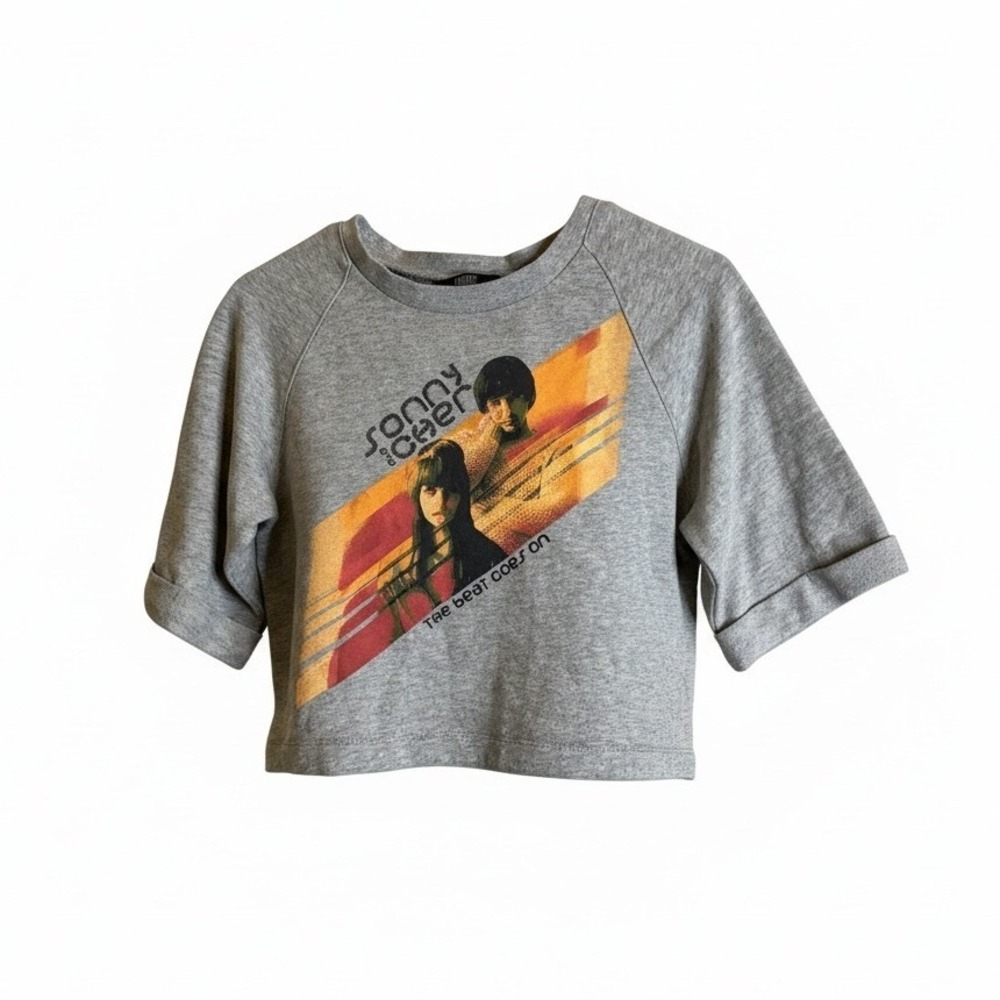Kids Truce Gray Sonny & Cher Cropped Sweatshirt Top Size L 14 Graphic Print